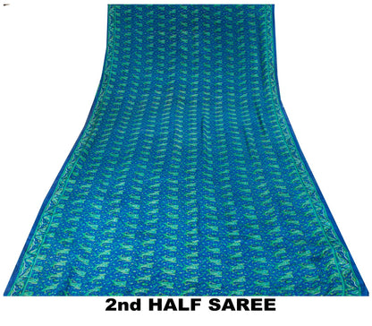 Sanskriti Vintage Saree Blue Pure Crepe Paisley Print Sari 6Yard Craft Fabric