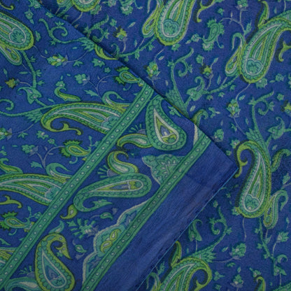Sanskriti Vintage Saree Blue Pure Crepe Paisley Print Sari 6Yard Craft Fabric