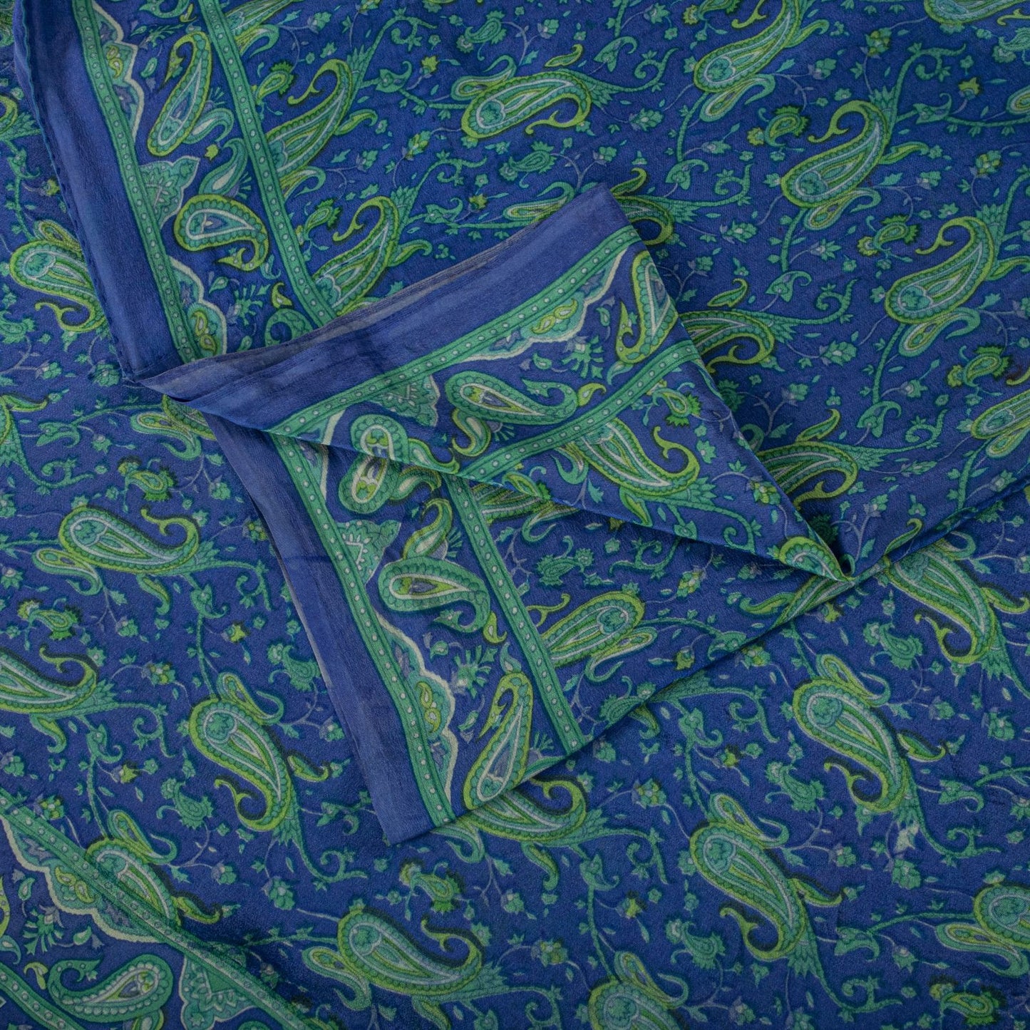 Sanskriti Vintage Saree Blue Pure Crepe Paisley Print Sari 6Yard Craft Fabric