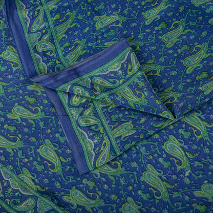 Sanskriti Vintage Saree Blue Pure Crepe Paisley Print Sari 6Yard Craft Fabric