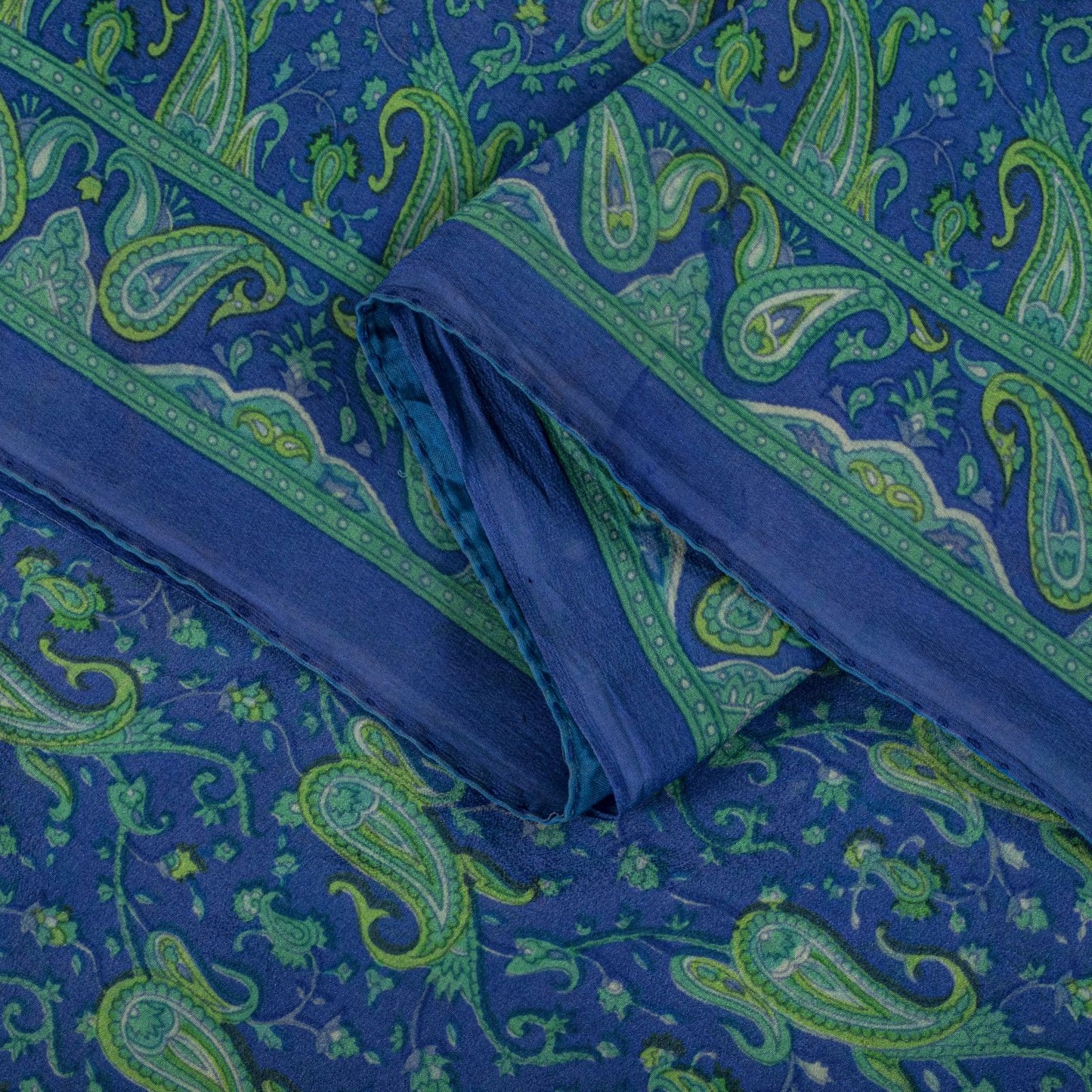 Sanskriti Vintage Saree Blue Pure Crepe Paisley Print Sari 6Yard Craft Fabric