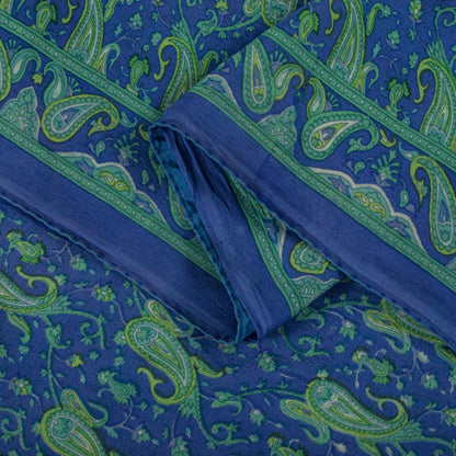 Sanskriti Vintage Saree Blue Pure Crepe Paisley Print Sari 6Yard Craft Fabric