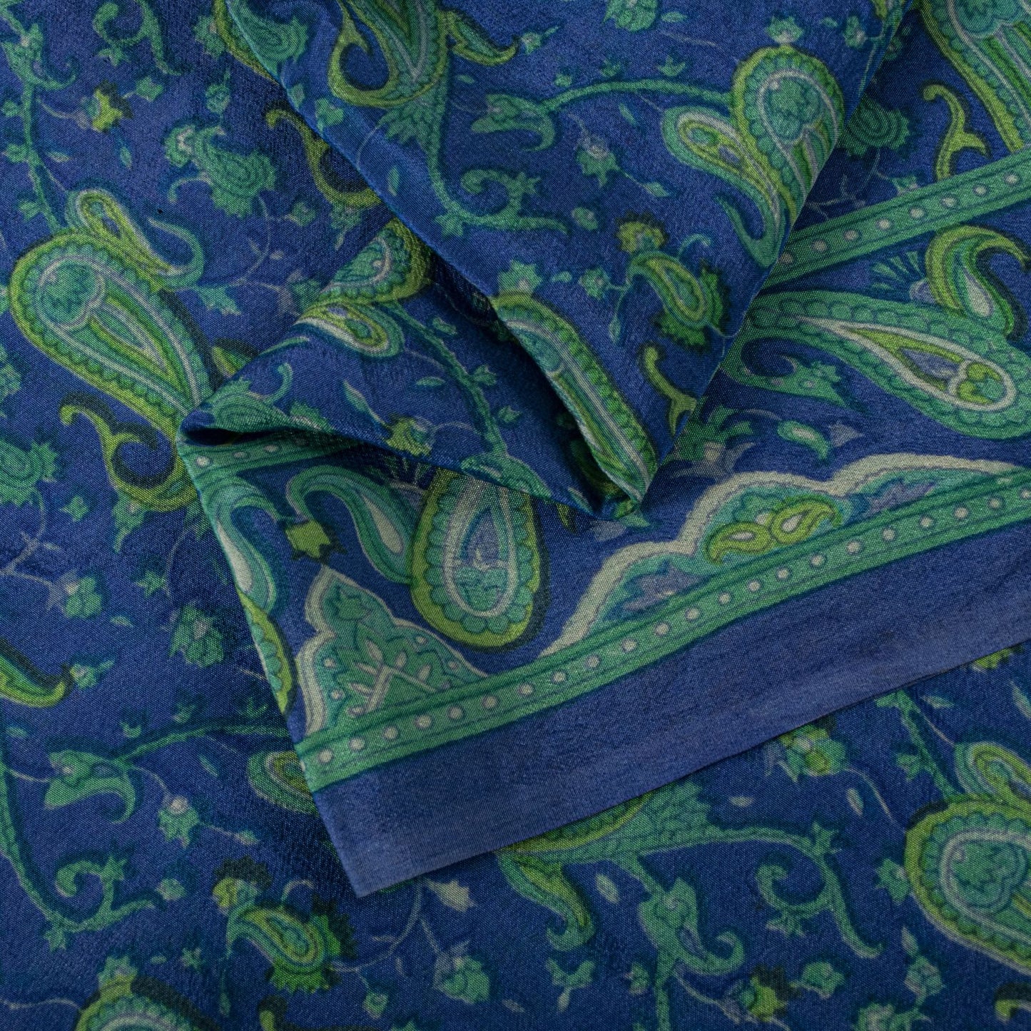 Sanskriti Vintage Saree Blue Pure Crepe Paisley Print Sari 6Yard Craft Fabric