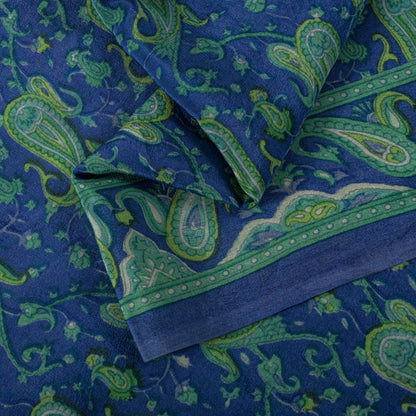 Sanskriti Vintage Saree Blue Pure Crepe Paisley Print Sari 6Yard Craft Fabric