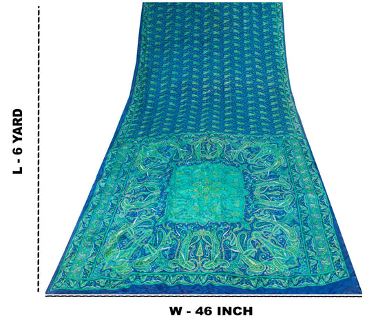 Sanskriti Vintage Saree Blue Pure Crepe Paisley Print Sari 6Yard Craft Fabric