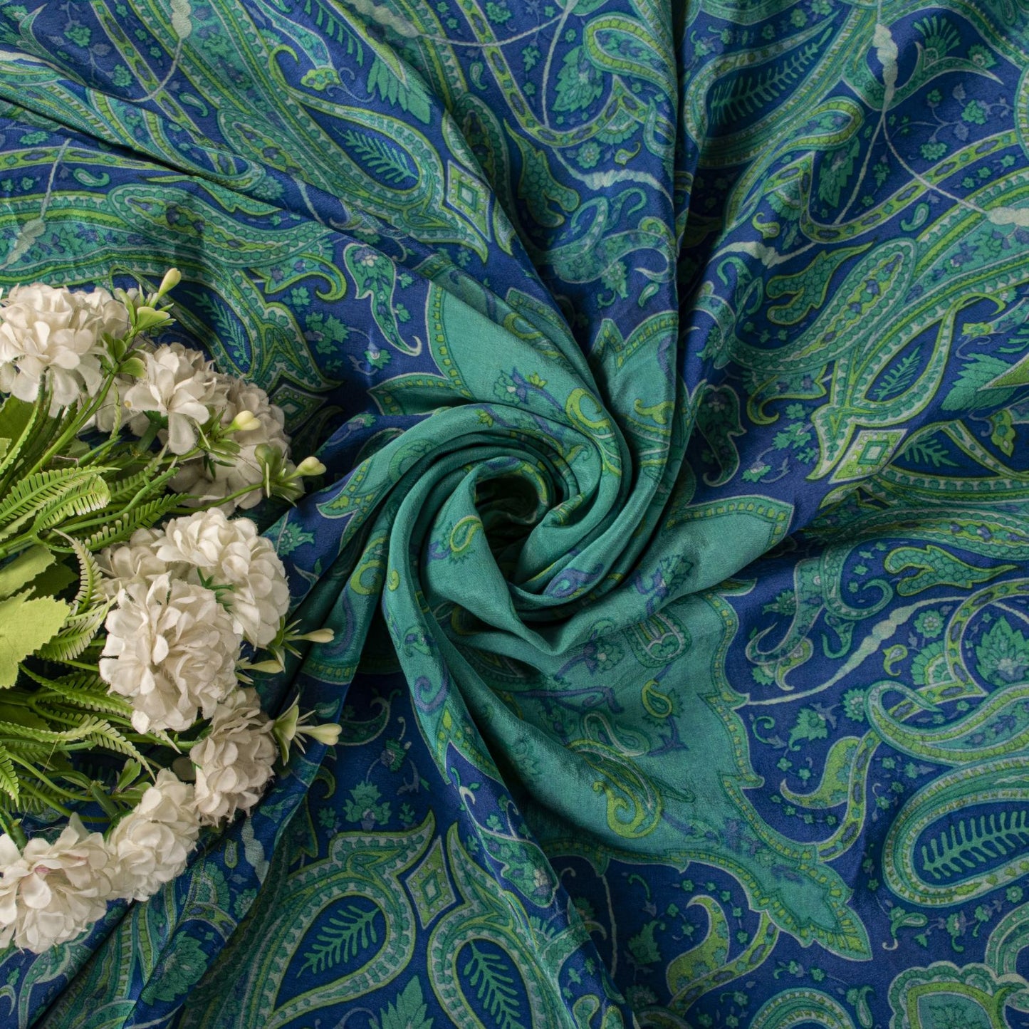 Sanskriti Vintage Saree Blue Pure Crepe Paisley Print Sari 6Yard Craft Fabric