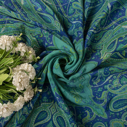 Sanskriti Vintage Saree Blue Pure Crepe Paisley Print Sari 6Yard Craft Fabric
