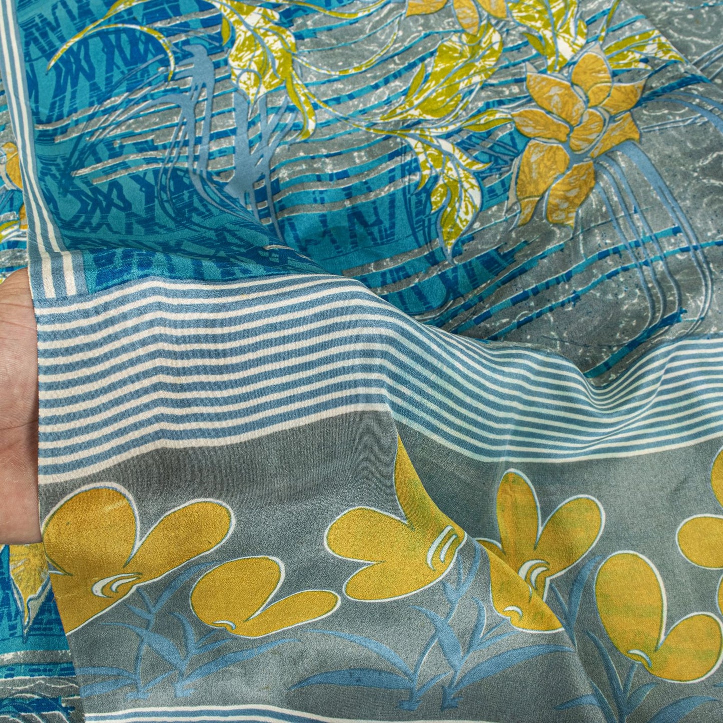 Sanskriti Vintage Saree Blue Pure Crepe Floral Print Sari 5.5+Yard Craft Fabric