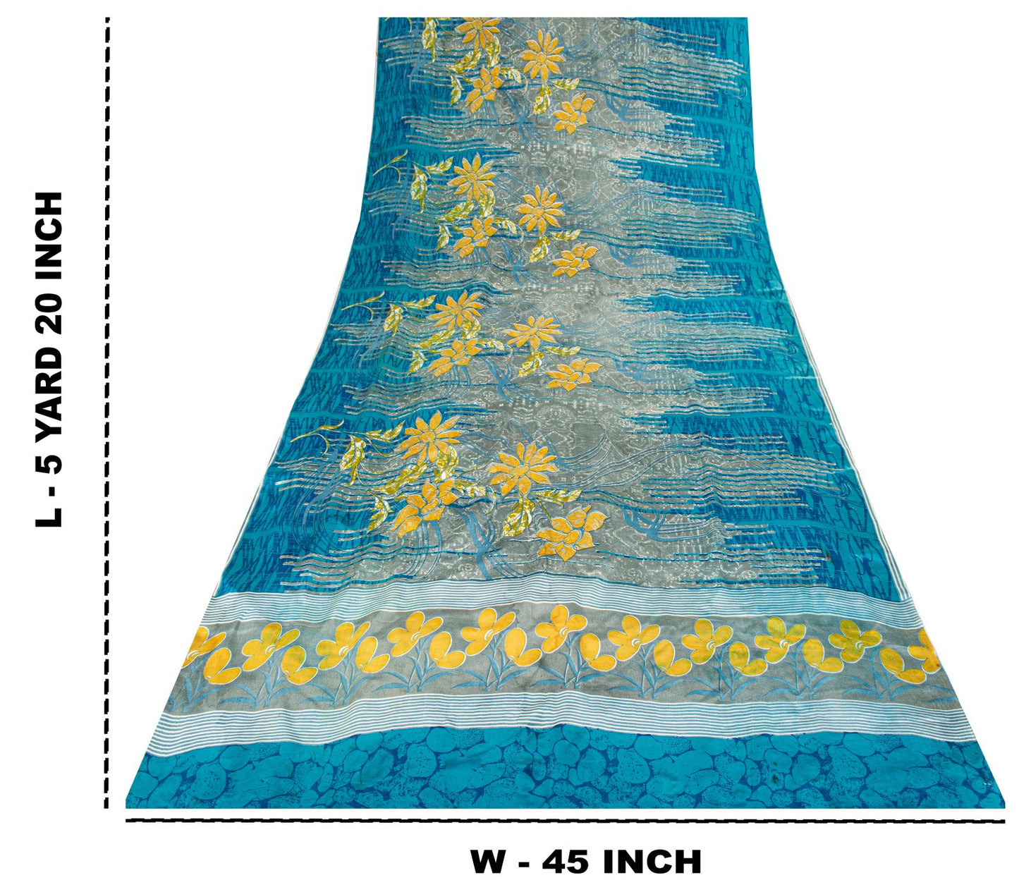 Sanskriti Vintage Saree Blue Pure Crepe Floral Print Sari 5.5+Yard Craft Fabric