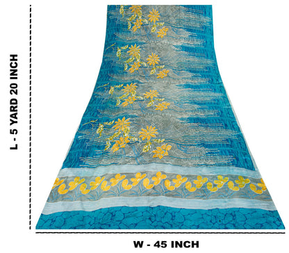 Sanskriti Vintage Saree Blue Pure Crepe Floral Print Sari 5.5+Yard Craft Fabric
