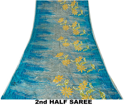 Sanskriti Vintage Saree Blue Pure Crepe Floral Print Sari 5.5+Yard Craft Fabric