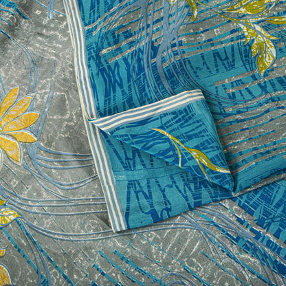 Sanskriti Vintage Saree Blue Pure Crepe Floral Print Sari 5.5+Yard Craft Fabric