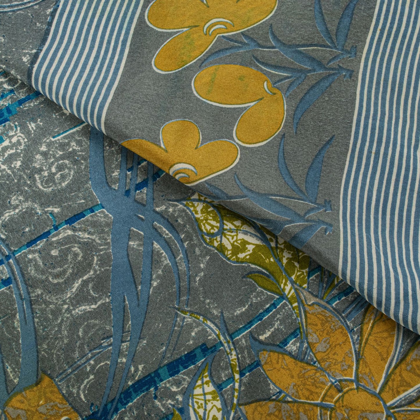 Sanskriti Vintage Saree Blue Pure Crepe Floral Print Sari 5.5+Yard Craft Fabric
