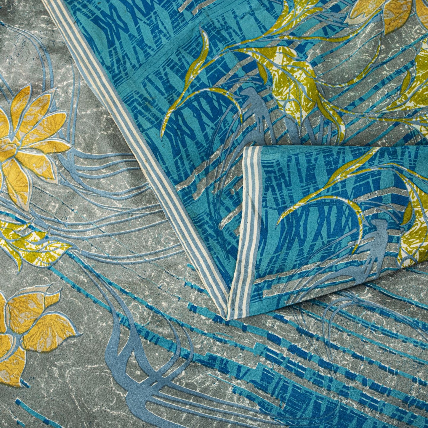 Sanskriti Vintage Saree Blue Pure Crepe Floral Print Sari 5.5+Yard Craft Fabric