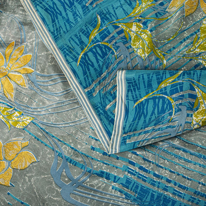 Sanskriti Vintage Saree Blue Pure Crepe Floral Print Sari 5.5+Yard Craft Fabric