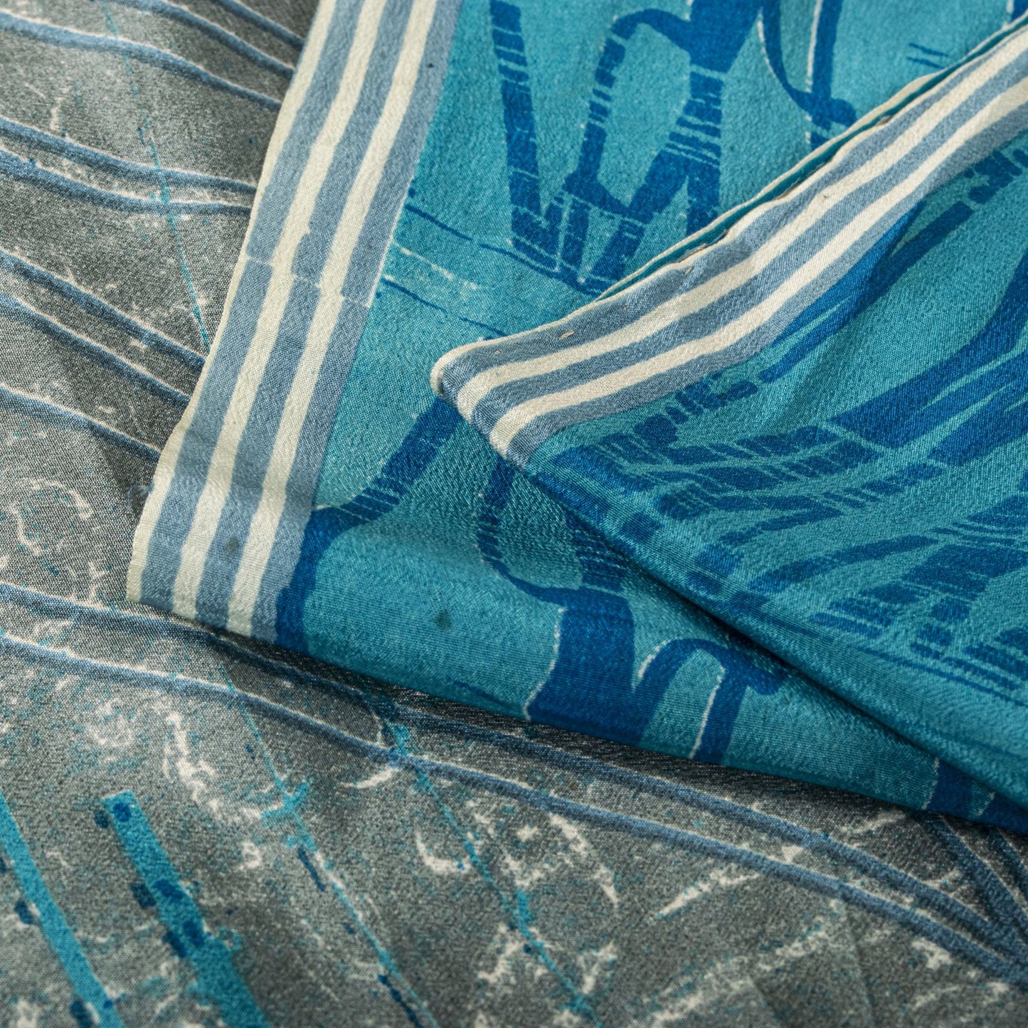 Sanskriti Vintage Saree Blue Pure Crepe Floral Print Sari 5.5+Yard Craft Fabric
