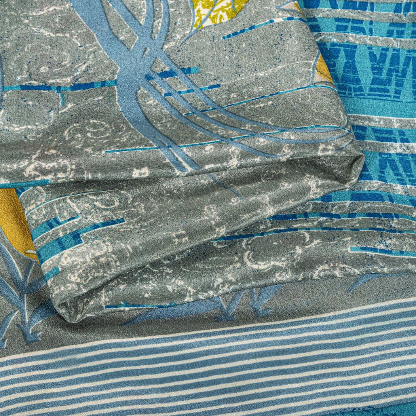 Sanskriti Vintage Saree Blue Pure Crepe Floral Print Sari 5.5+Yard Craft Fabric