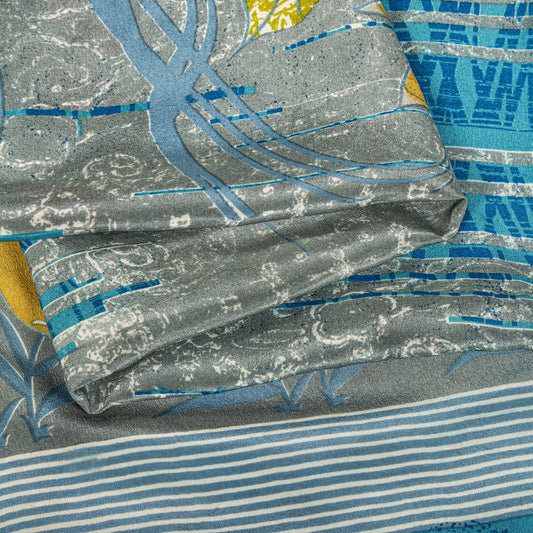 Sanskriti Vintage Saree Blue Pure Crepe Floral Print Sari 5.5+Yard Craft Fabric