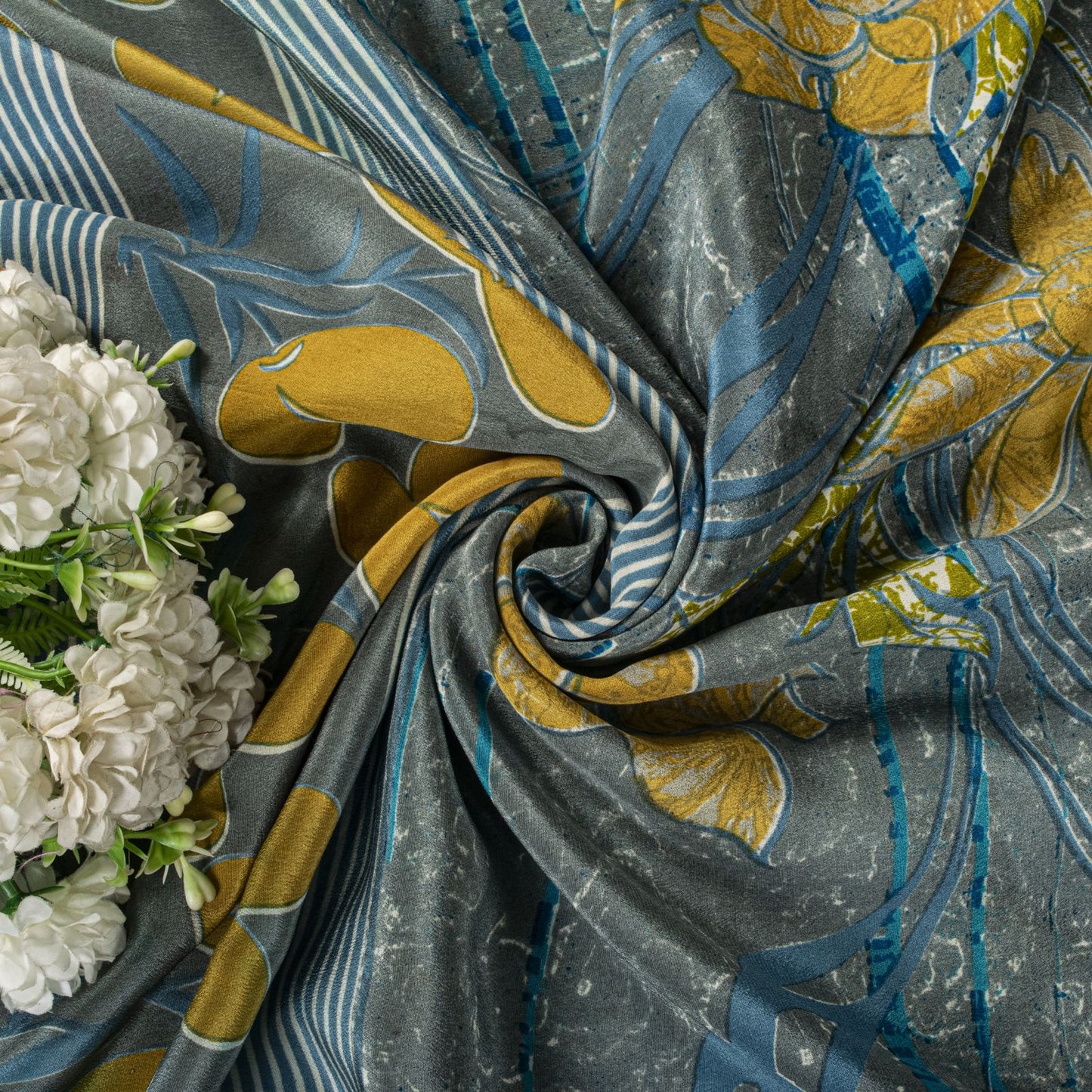 Sanskriti Vintage Saree Blue Pure Crepe Floral Print Sari 5.5+Yard Craft Fabric