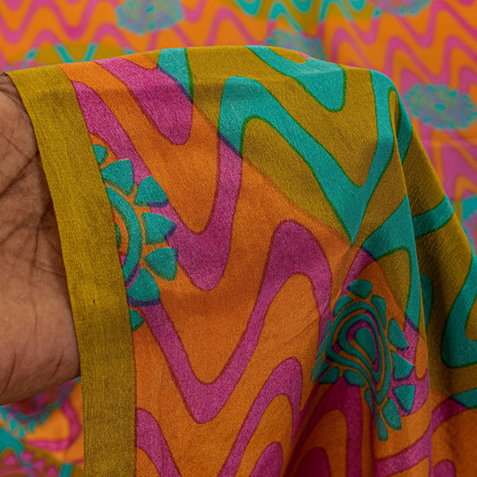 Sanskriti Vintage Multicolor Sari Soft Pure Crepe Wave Textile Print Saree 5.5Yd