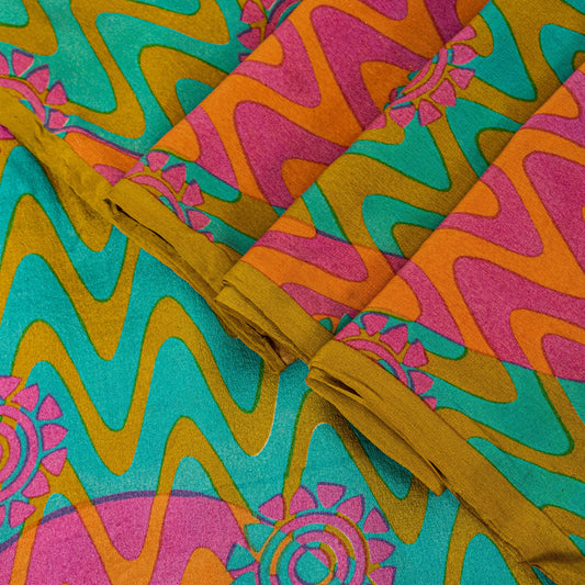 Sanskriti Vintage Multicolor Sari Soft Pure Crepe Wave Textile Print Saree 5.5Yd