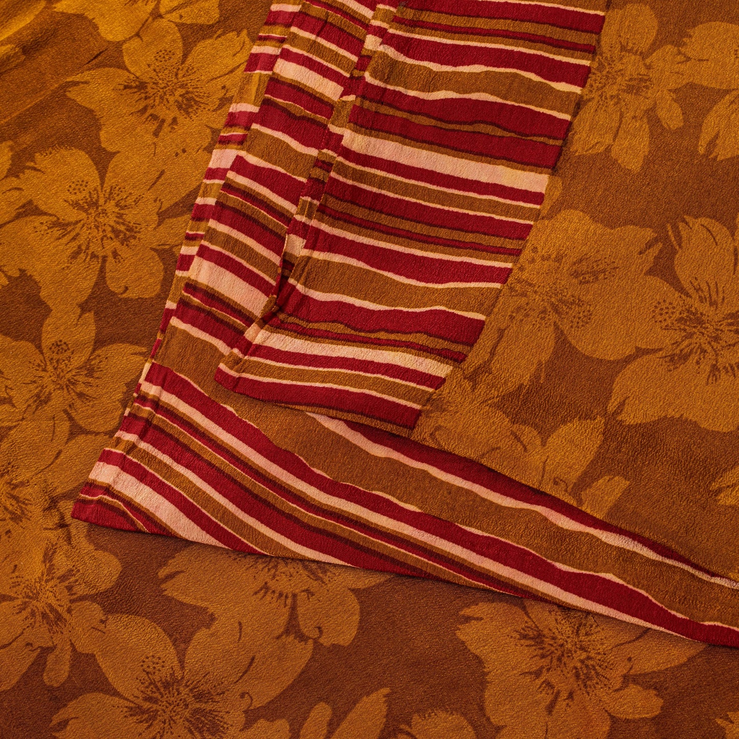 Sanskriti Vintage Brown Sari Soft Pure Crepe Silk Floral Print Saree 5.5Yd Craft