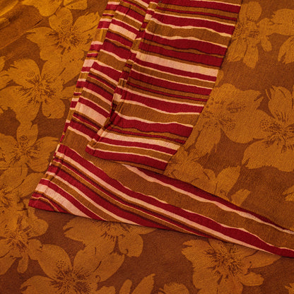 Sanskriti Vintage Brown Sari Soft Pure Crepe Silk Floral Print Saree 5.5Yd Craft