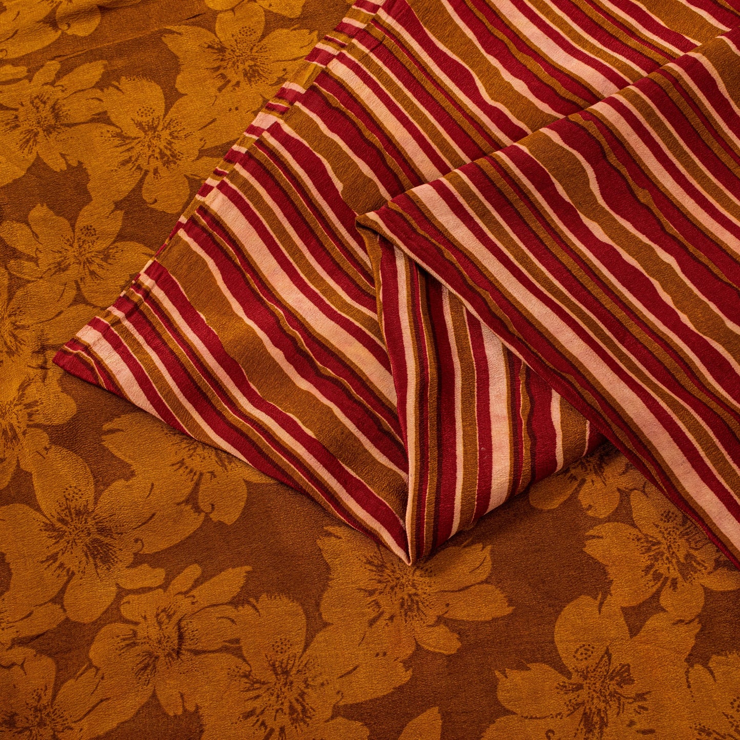 Sanskriti Vintage Brown Sari Soft Pure Crepe Silk Floral Print Saree 5.5Yd Craft