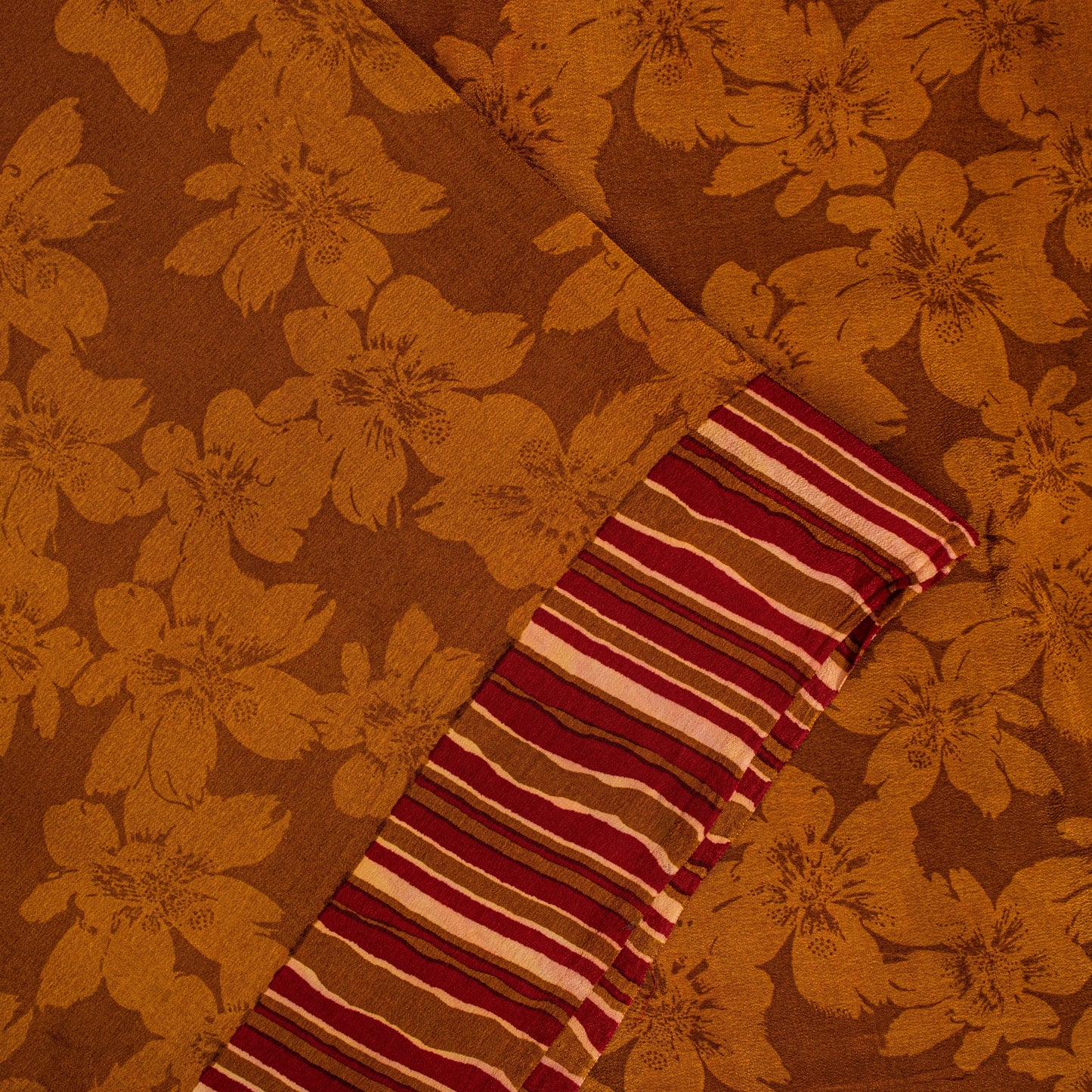 Sanskriti Vintage Brown Sari Soft Pure Crepe Silk Floral Print Saree 5.5Yd Craft