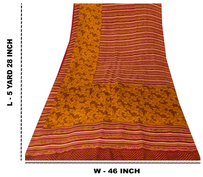 Sanskriti Vintage Brown Sari Soft Pure Crepe Silk Floral Print Saree 5.5Yd Craft