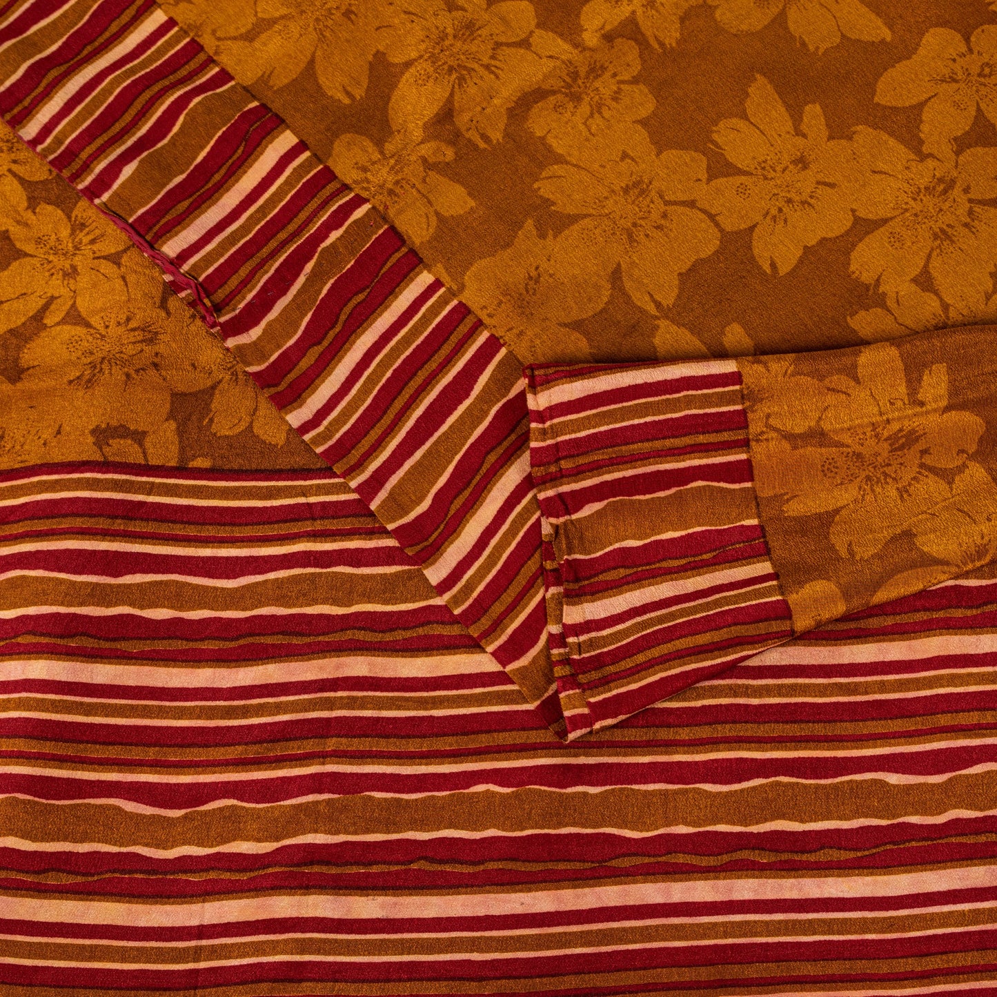 Sanskriti Vintage Brown Sari Soft Pure Crepe Silk Floral Print Saree 5.5Yd Craft