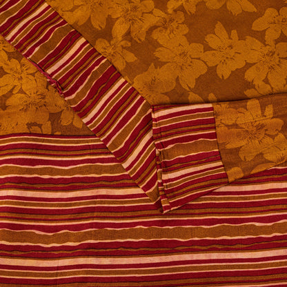 Sanskriti Vintage Brown Sari Soft Pure Crepe Silk Floral Print Saree 5.5Yd Craft