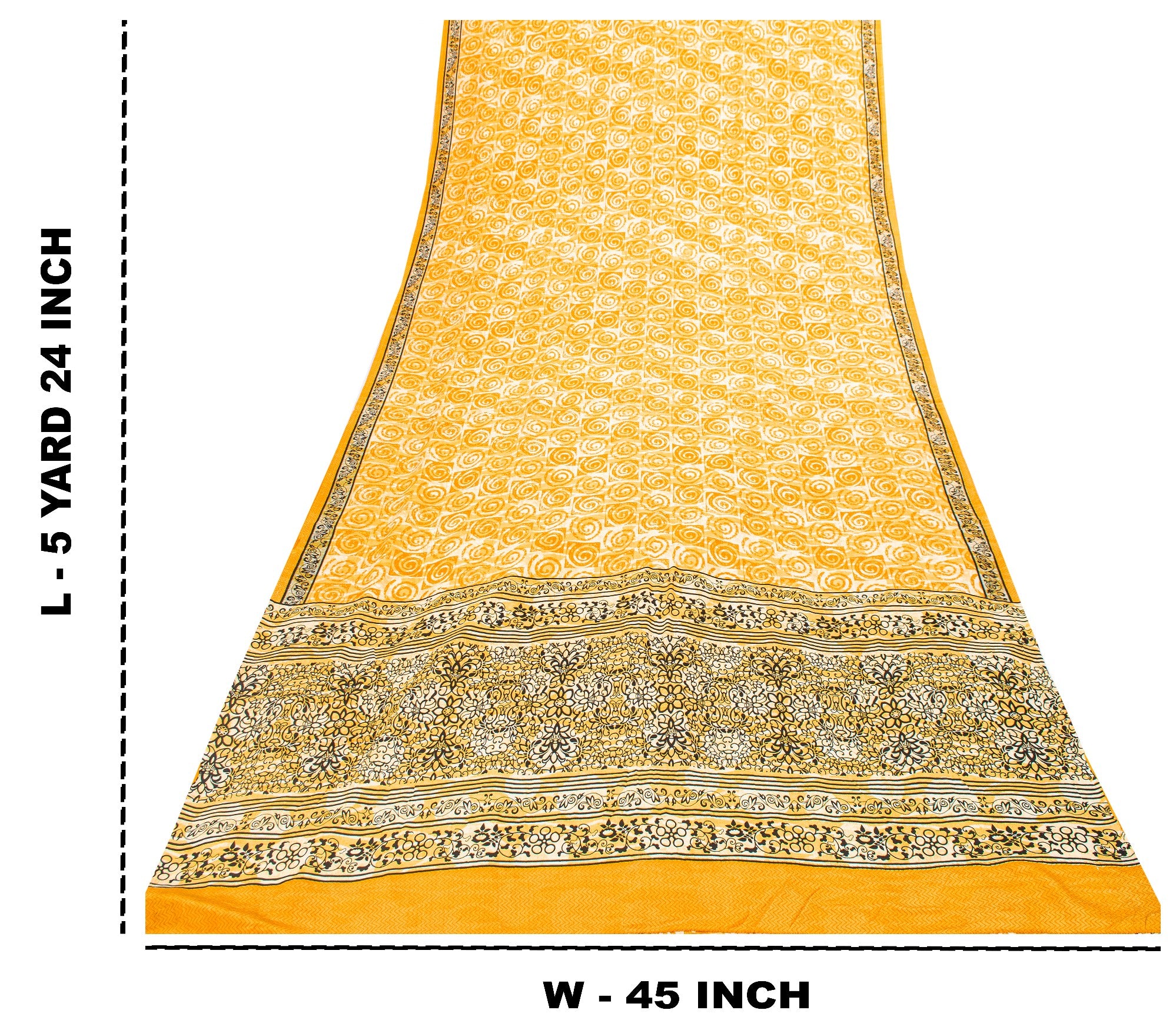 Sanskriti Vintage Yellow Sari Soft Pure Crepe Silk Swirl Printed Saree 5.5Yard
