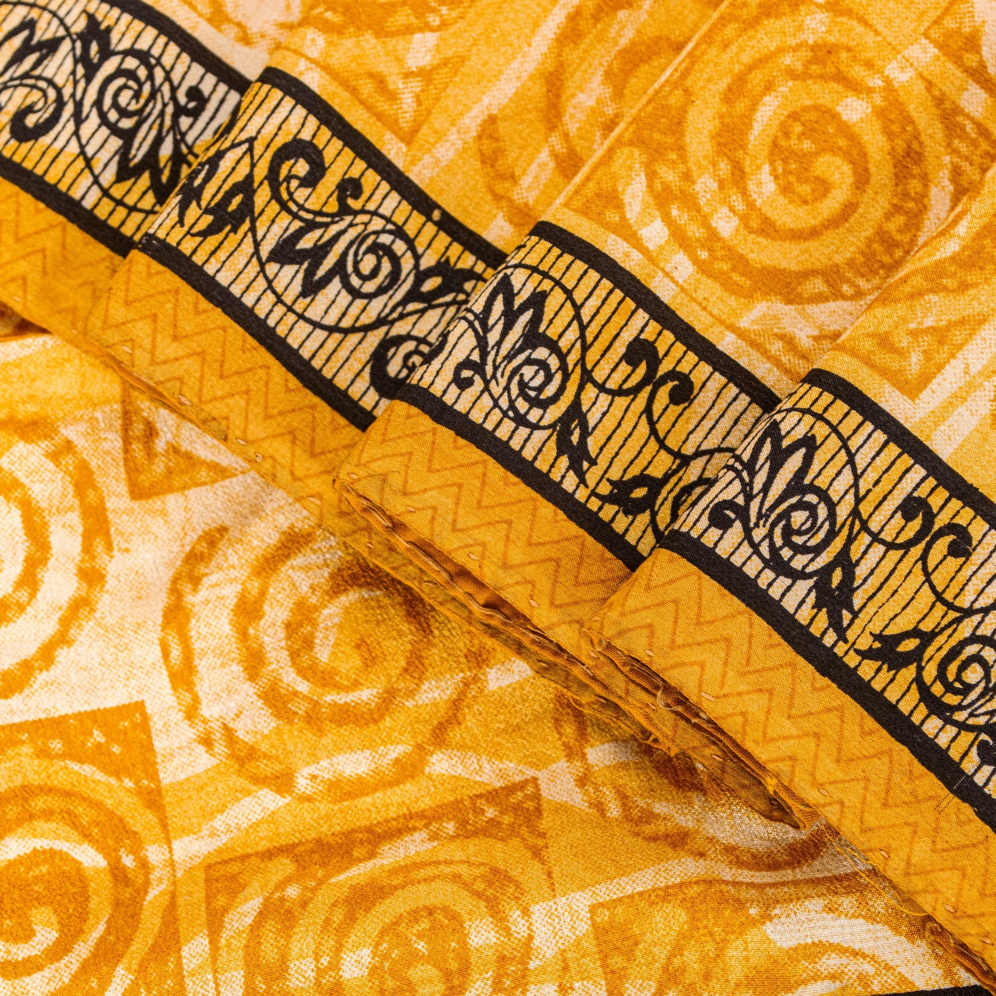 Sanskriti Vintage Yellow Sari Soft Pure Crepe Silk Swirl Printed Saree 5.5Yard