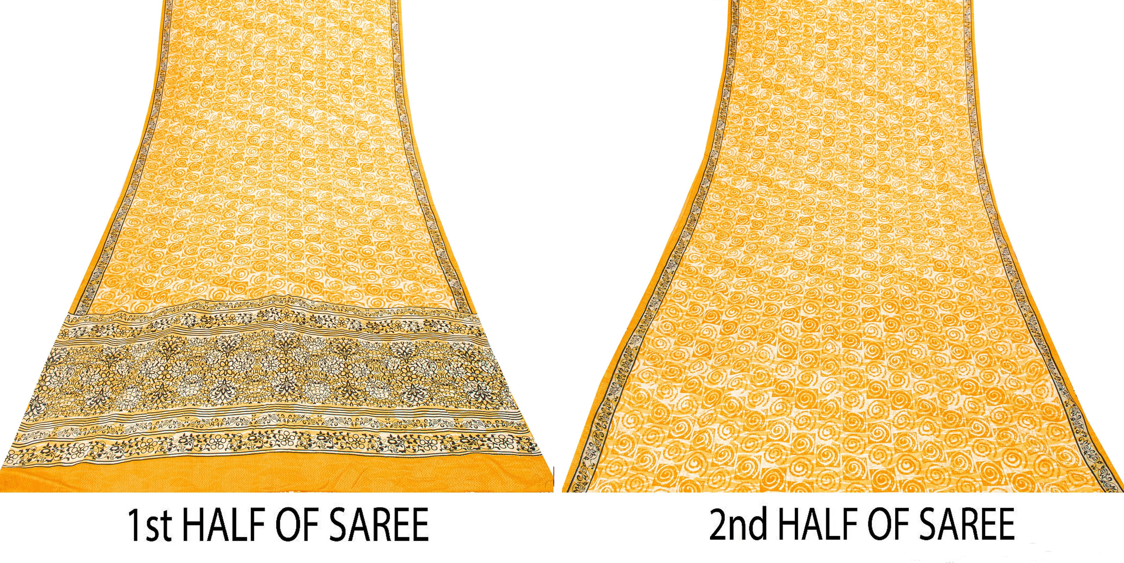 Sanskriti Vintage Yellow Sari Soft Pure Crepe Silk Swirl Printed Saree 5.5Yard