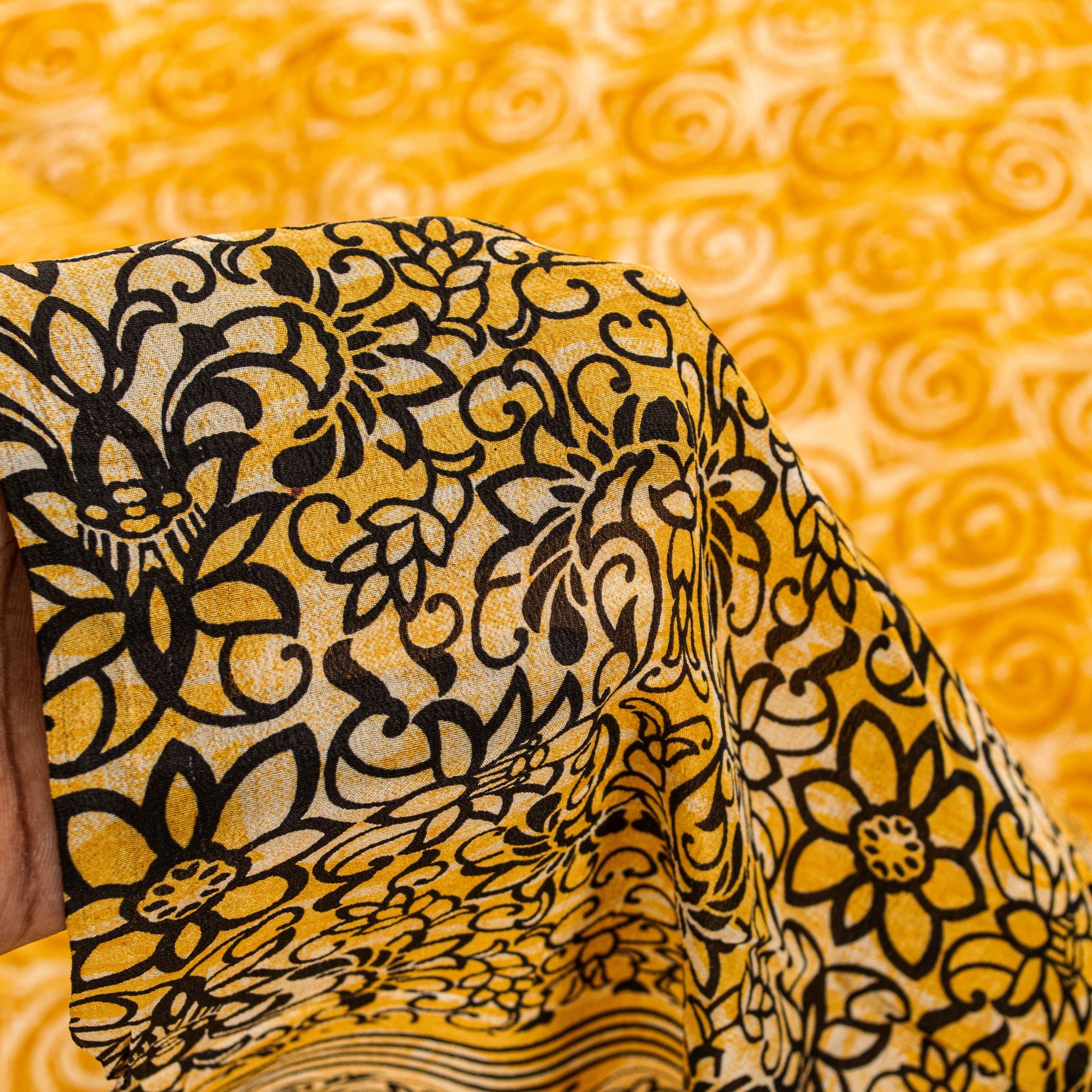 Sanskriti Vintage Yellow Sari Soft Pure Crepe Silk Swirl Printed Saree 5.5Yard