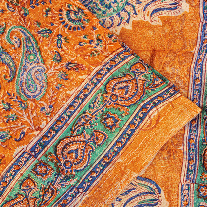 Sanskriti Vintage Orange Sari Soft Pure Crepe Hand Block Printed Saree 6YD Craft