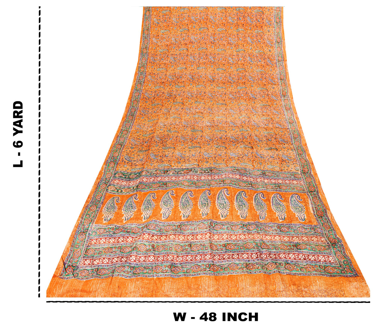 Sanskriti Vintage Orange Sari Soft Pure Crepe Hand Block Printed Saree 6YD Craft