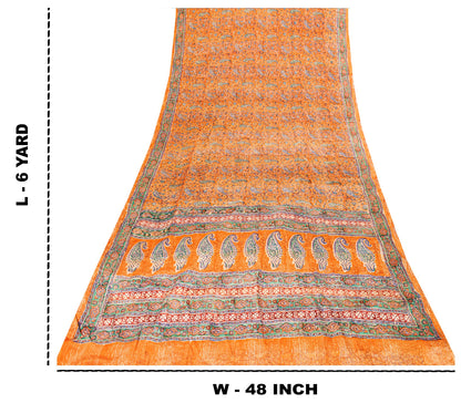 Sanskriti Vintage Orange Sari Soft Pure Crepe Hand Block Printed Saree 6YD Craft