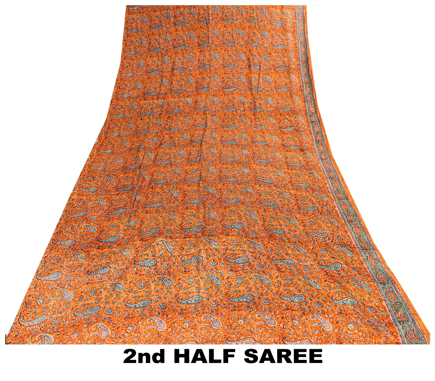 Sanskriti Vintage Orange Sari Soft Pure Crepe Hand Block Printed Saree 6YD Craft