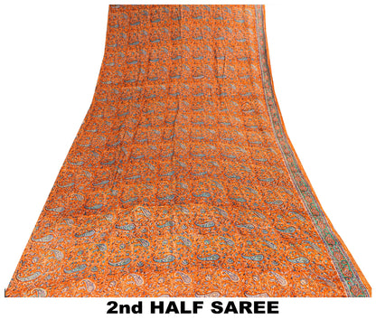 Sanskriti Vintage Orange Sari Soft Pure Crepe Hand Block Printed Saree 6YD Craft