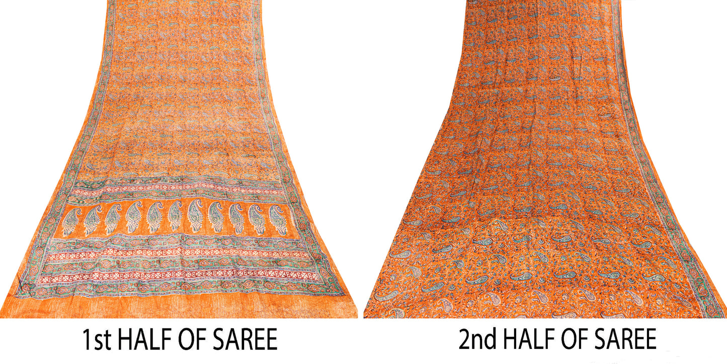 Sanskriti Vintage Orange Sari Soft Pure Crepe Hand Block Printed Saree 6YD Craft