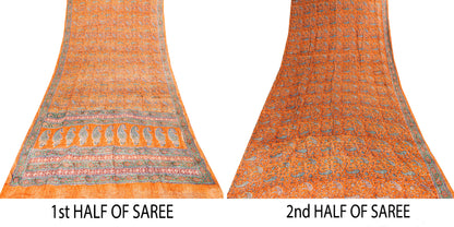 Sanskriti Vintage Orange Sari Soft Pure Crepe Hand Block Printed Saree 6YD Craft