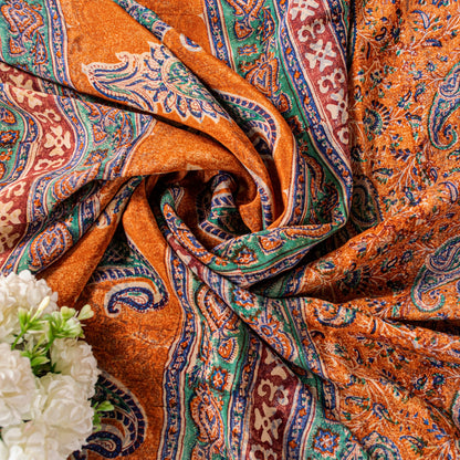 Sanskriti Vintage Orange Sari Soft Pure Crepe Hand Block Printed Saree 6YD Craft
