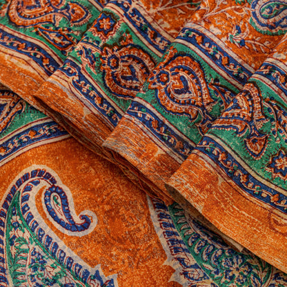 Sanskriti Vintage Orange Sari Soft Pure Crepe Hand Block Printed Saree 6YD Craft