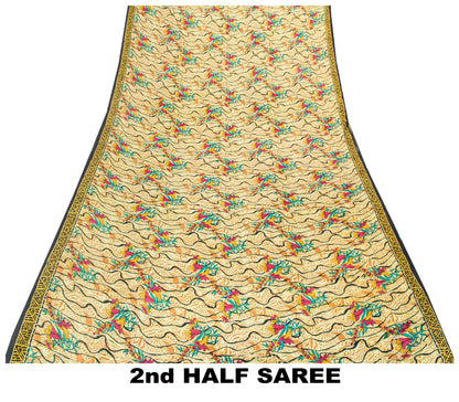 Sanskriti Vintage Beige Sari Soft 100%Pure Crepe Silk Floral Print Saree 5.5Yard