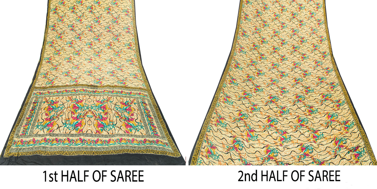 Sanskriti Vintage Beige Sari Soft 100%Pure Crepe Silk Floral Print Saree 5.5Yard