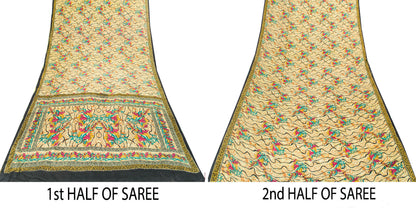 Sanskriti Vintage Beige Sari Soft 100%Pure Crepe Silk Floral Print Saree 5.5Yard