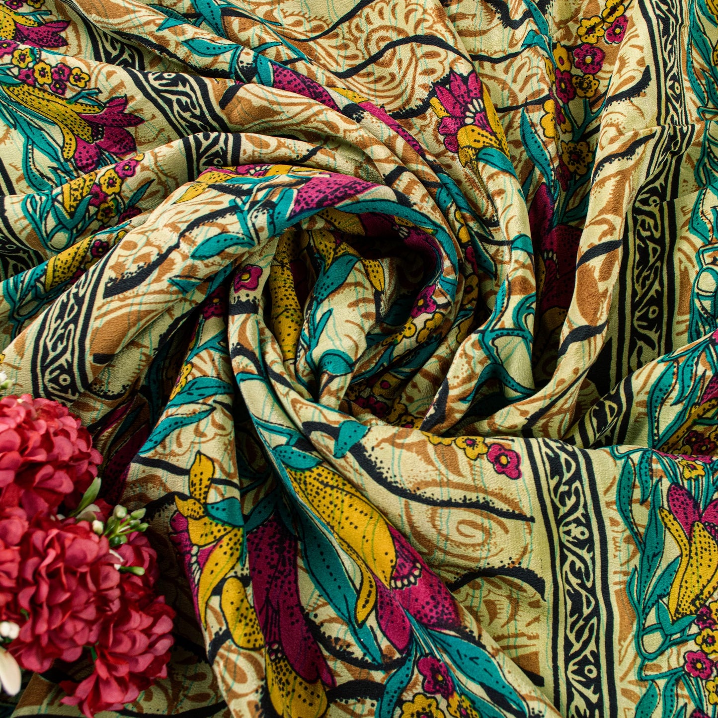 Sanskriti Vintage Beige Sari Soft 100%Pure Crepe Silk Floral Print Saree 5.5Yard
