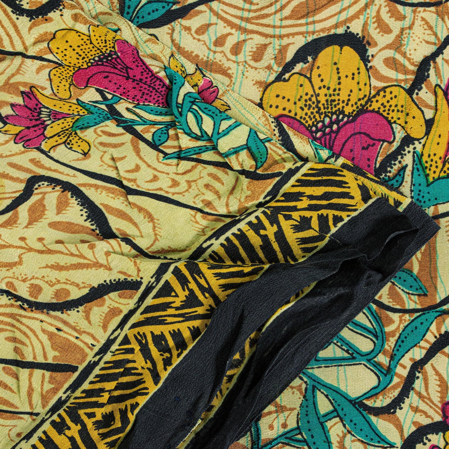 Sanskriti Vintage Beige Sari Soft 100%Pure Crepe Silk Floral Print Saree 5.5Yard